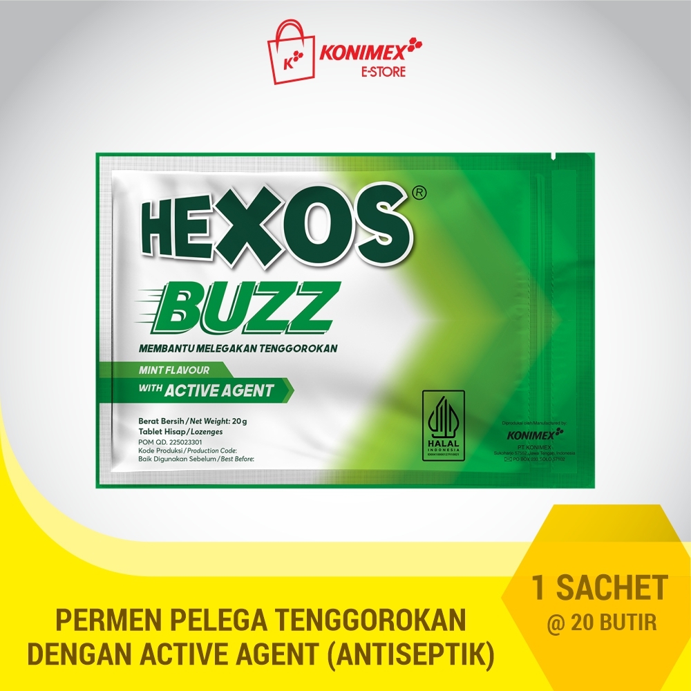 Hexos Buzz Mint - 20 butir Permen Pelega Tenggorokan